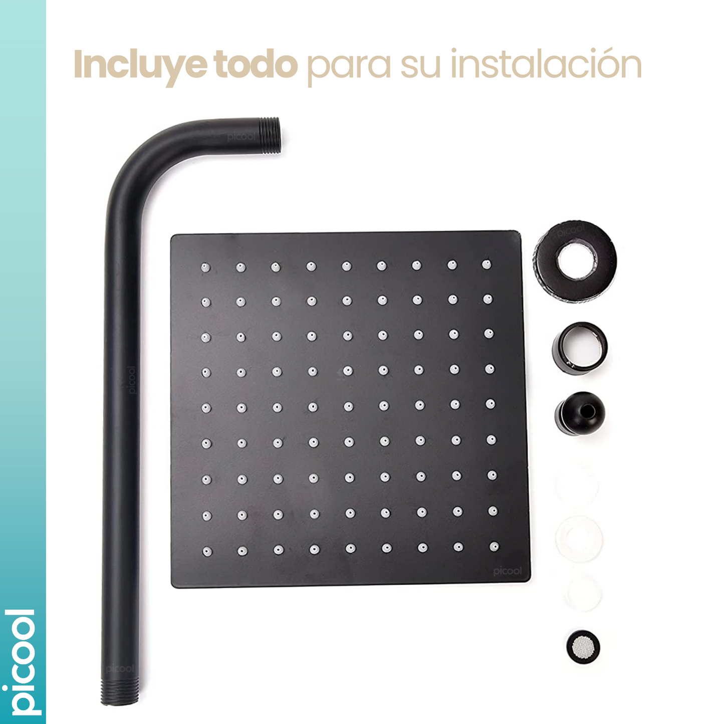 Regadera Cuadrada Tipo Lluvia Negro Mate Con Tubo 40 Cm